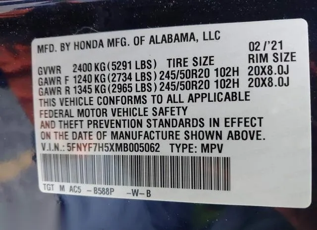 5FNYF7H5XMB005062 2021 2021 Honda Passport- 2Wd Ex-L 9