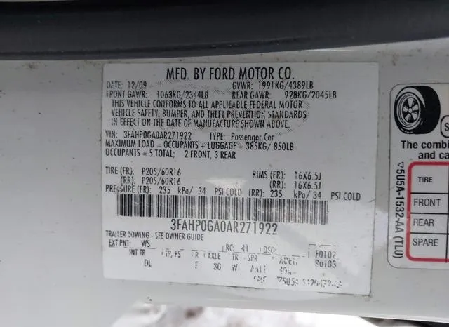 3FAHP0GA0AR271922 2010 2010 Ford Fusion- S 9