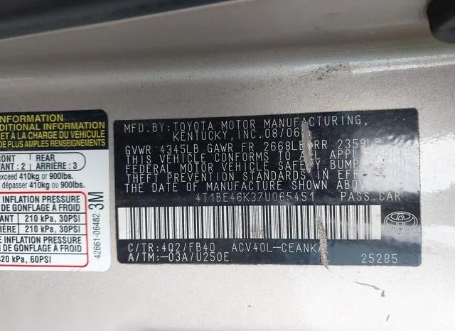 4T1BE46K37U065451 2007 2007 Toyota Camry- LE 9