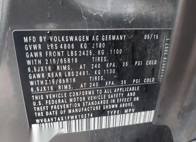 WVGAV7AX1FW610274 2015 2015 Volkswagen Tiguan- S 9