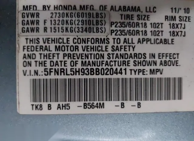 5FNRL5H93BB020441 2011 2011 Honda Odyssey- Touring/Touring 9