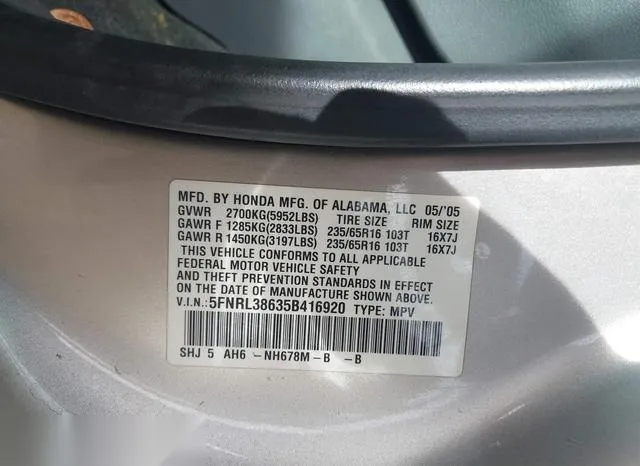 5FNRL38635B416920 2005 2005 Honda Odyssey- Ex-L 9