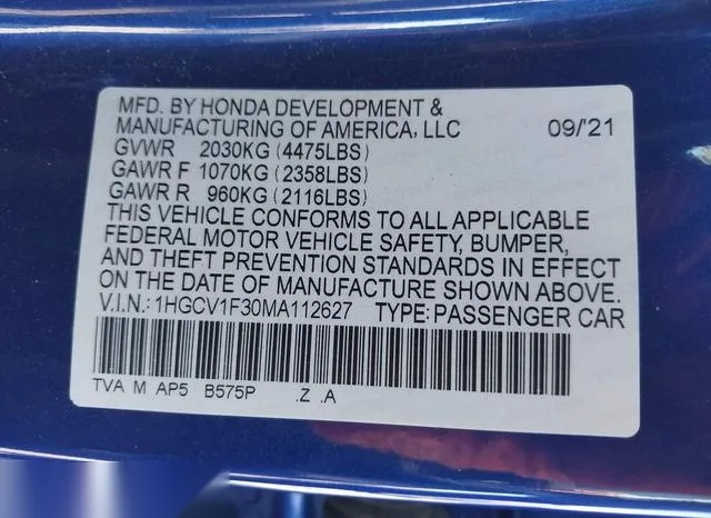 1HGCV1F30MA112627 2021 2021 Honda Accord- Sport 9