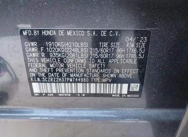 3CZRZ2H37PM744980 2023 2023 Honda HR-V- Awd Lx 9