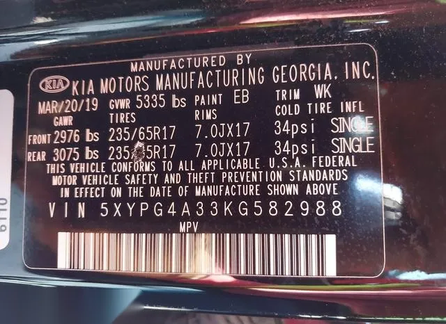 5XYPG4A33KG582988 2019 2019 KIA Sorento- 2-4L L 9