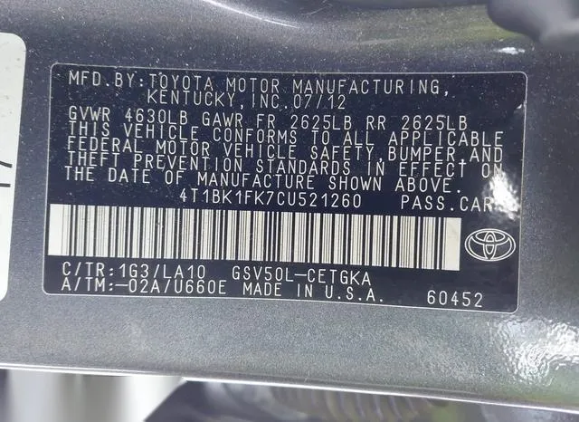 4T1BK1FK7CU521260 2012 2012 Toyota Camry- Xle V6 9