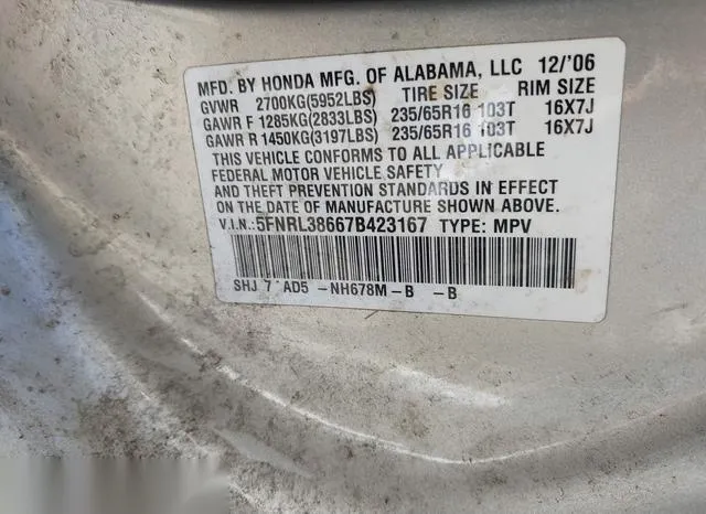 5FNRL38667B423167 2007 2007 Honda Odyssey- Ex-L 9