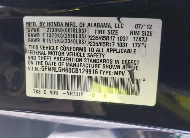 5FNRL5H60CB129916 2012 2012 Honda Odyssey- Ex-L 9