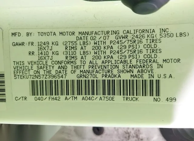 5TEKU72N57Z396547 2007 2007 Toyota Tacoma- Prerunner V6 9