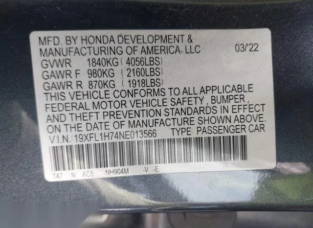 19XFL1H74NE013566 2022 2022 Honda Civic- Ex-L 9