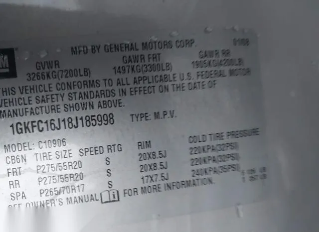 1GKFC16J18J185998 2008 2008 GMC Yukon- XI Slt W/4Sb 9