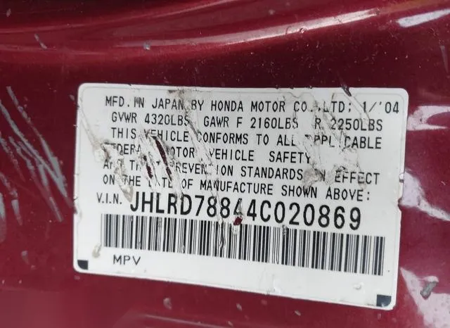 JHLRD78844C020869 2004 2004 Honda CR-V- EX 9