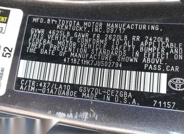 4T1BZ1HK7JU502794 2018 2018 Toyota Camry- Xle V6 9