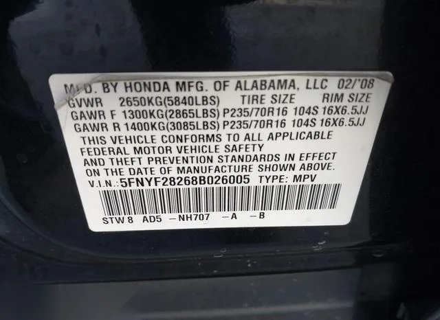 5FNYF28268B026005 2008 2008 Honda Pilot- VP 9