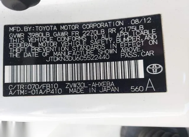 JTDKN3DU6C5522440 2012 2012 Toyota Prius- Two 9