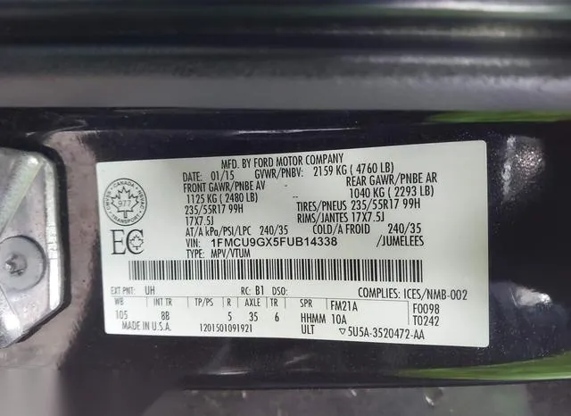 1FMCU9GX5FUB14338 2015 2015 Ford Escape- SE 9