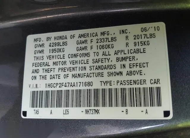 1HGCP2F47AA171680 2010 2010 Honda Accord- 2-4 Lx-P 9