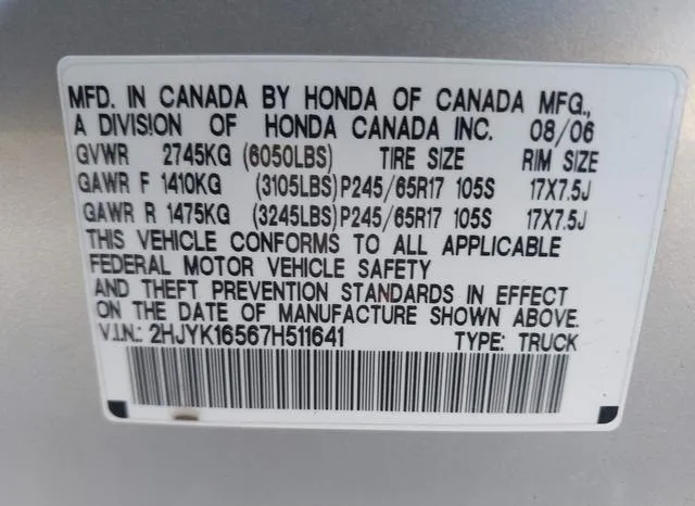 2HJYK16567H511641 2007 2007 Honda Ridgeline- Rtl 9