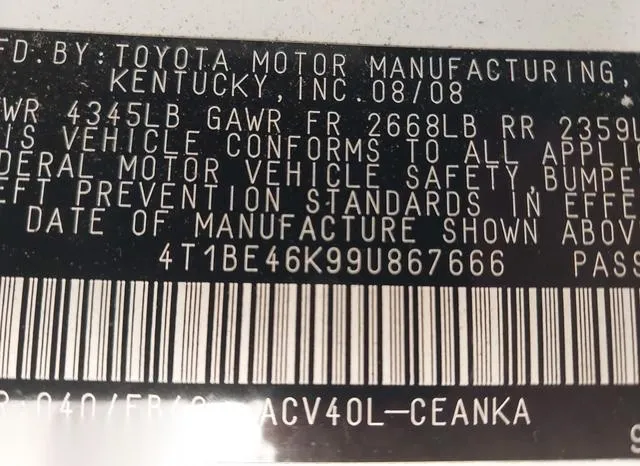 4T1BE46K99U867666 2009 2009 Toyota Camry- LE 9