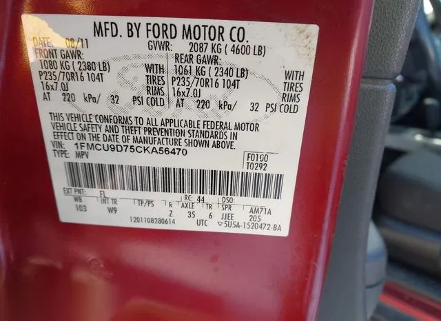 1FMCU9D75CKA56470 2012 2012 Ford Escape- Xlt 9