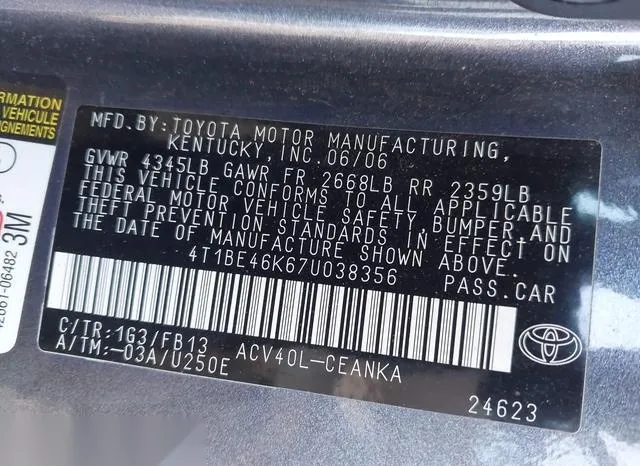 4T1BE46K67U038356 2007 2007 Toyota Camry- LE 9