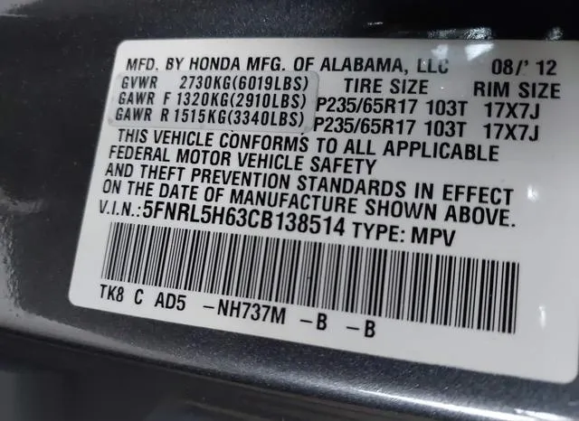 5FNRL5H63CB138514 2012 2012 Honda Odyssey- Ex-L 9