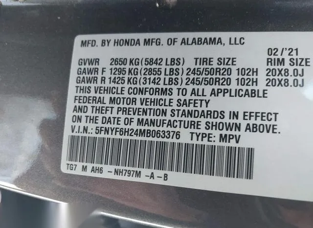 5FNYF6H24MB063376 2021 2021 Honda Pilot- Awd Special Edition 9