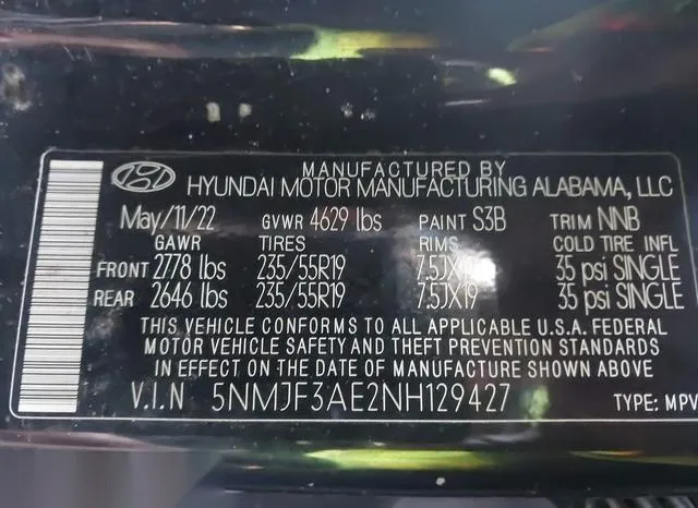 5NMJF3AE2NH129427 2022 2022 Hyundai Tucson- Sel 9