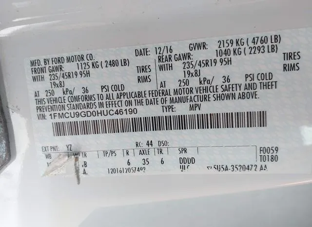 1FMCU9GD0HUC46190 2017 2017 Ford Escape- SE 9