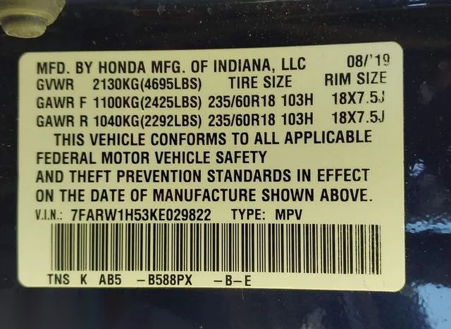 7FARW1H53KE029822 2019 2019 Honda CR-V- EX 9