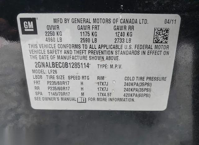 2GNALBEC0B1285114 2011 2011 Chevrolet Equinox- LS 9