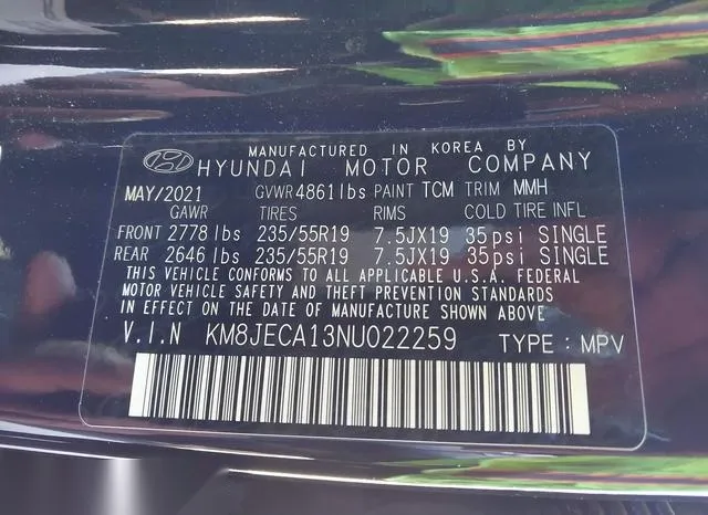 KM8JECA13NU022259 2022 2022 Hyundai Tucson- Hybrid Limited 9