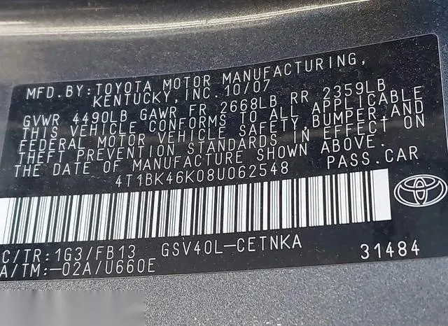 4T1BK46K08U062548 2008 2008 Toyota Camry- Le V6 9