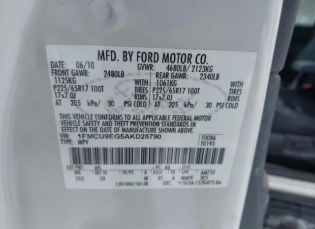 1FMCU9EG5AKD25790 2010 2010 Ford Escape- Limited 9