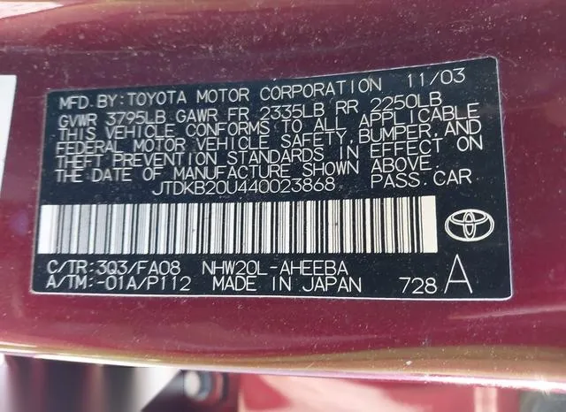 JTDKB20U440023868 2004 2004 Toyota Prius 9