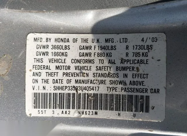 SHHEP33593U405417 2003 2003 Honda Civic- SI 9