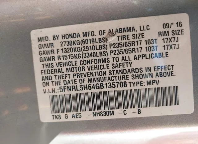 5FNRL5H64GB135708 2016 2016 Honda Odyssey- Ex-L 9