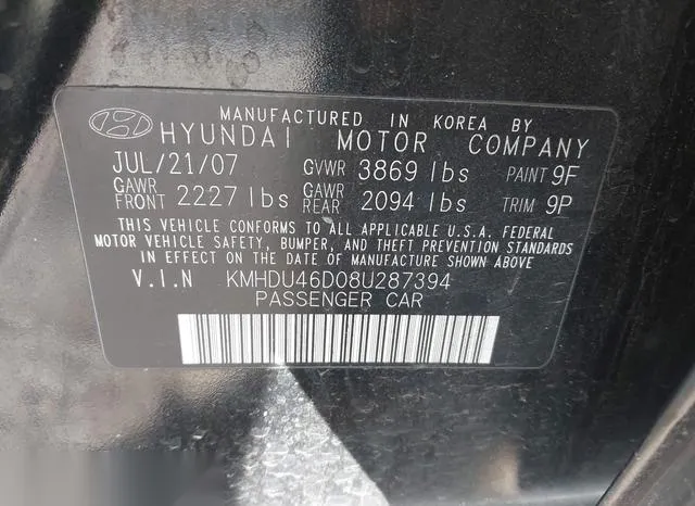 KMHDU46D08U287394 2008 2008 Hyundai Elantra- Gls/Se 9