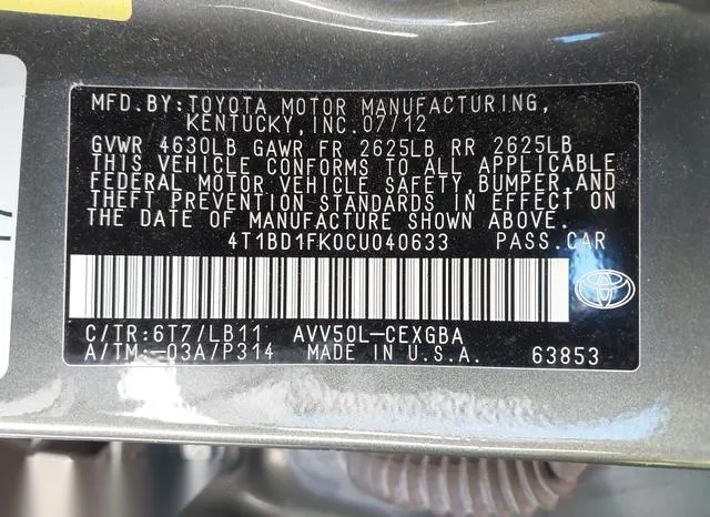 4T1BD1FK0CU040633 2012 2012 Toyota Camry- Hybrid Xle 9