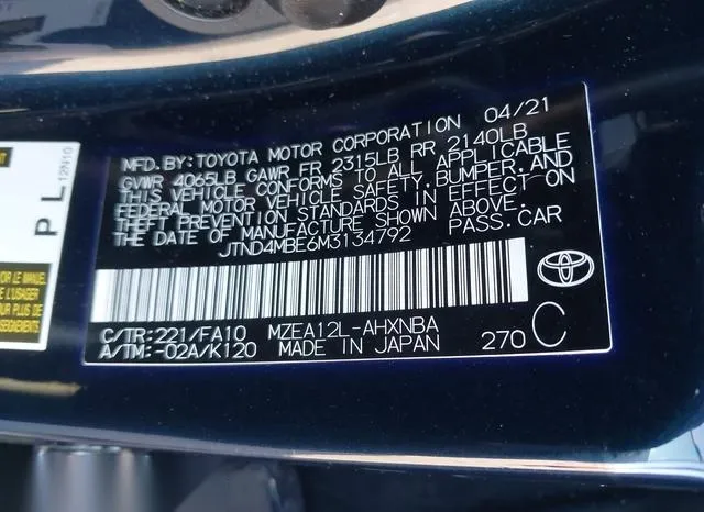 JTND4MBE6M3134792 2021 2021 Toyota Corolla- SE 9