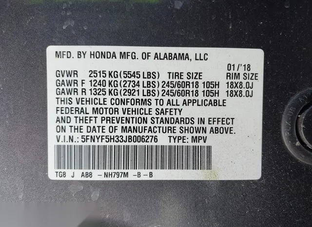 5FNYF5H33JB006276 2018 2018 Honda Pilot- EX 9