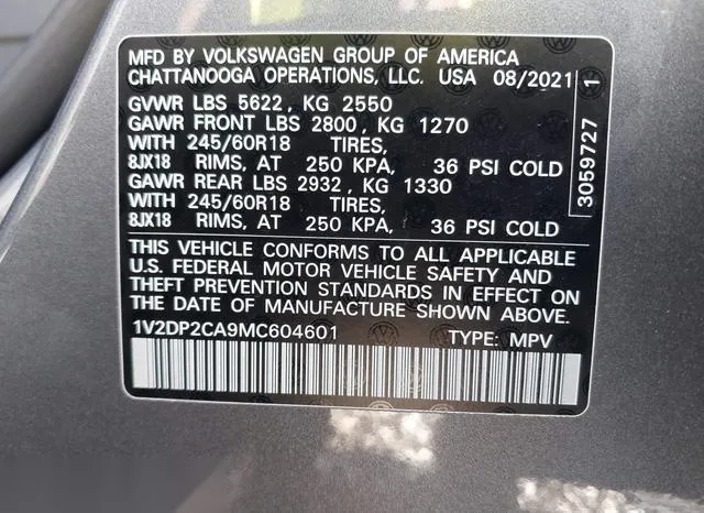 1V2DP2CA9MC604601 2021 2021 Volkswagen Atlas- 2-0T Se 9