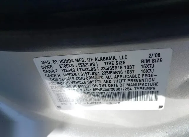 5FNRL38726B077254 2006 2006 Honda Odyssey- Ex-L 9