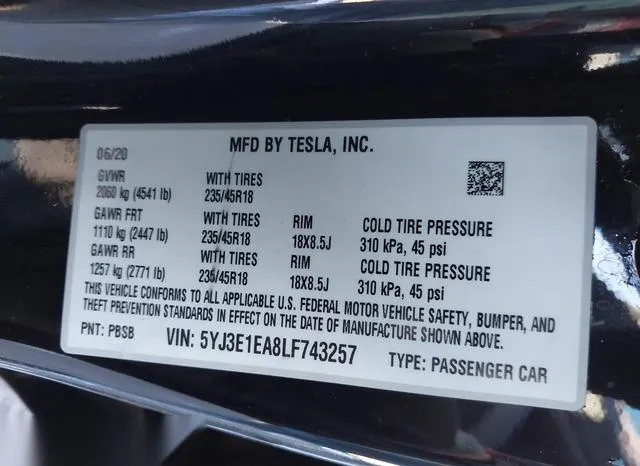 5YJ3E1EA8LF743257 2020 2020 Tesla Model 3 9