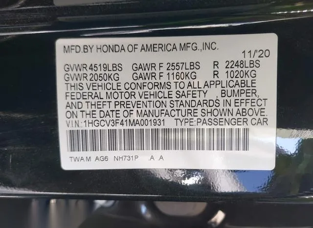 1HGCV3F41MA001931 2021 2021 Honda Accord- Hybrid Ex 9