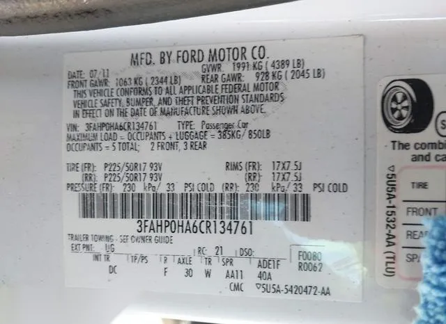 3FAHP0HA6CR134761 2012 2012 Ford Fusion- SE 9