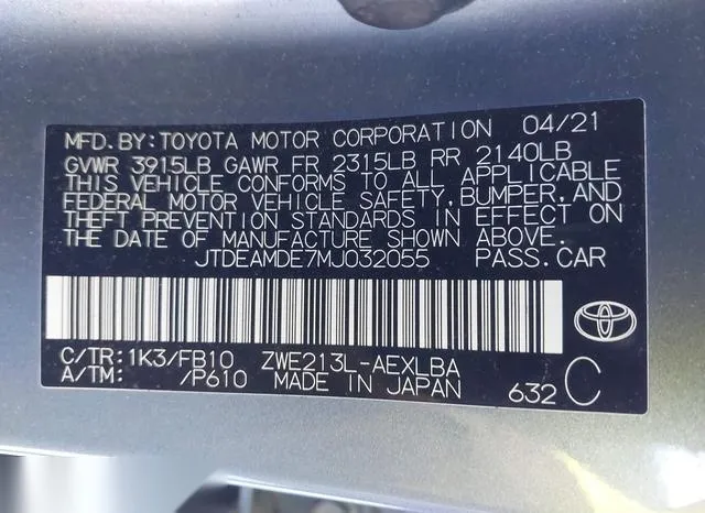 JTDEAMDE7MJ032055 2021 2021 Toyota Corolla- Hybrid Le 9