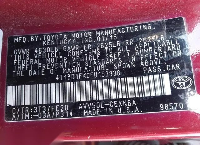 4T1BD1FK0FU153938 2015 2015 Toyota Camry- Hybrid LE 9