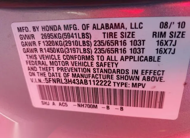 5FNRL3H43AB112222 2010 2010 Honda Odyssey- EX 9