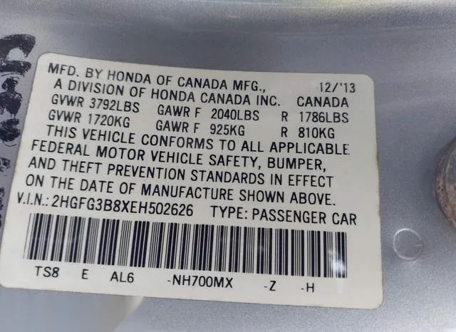 2HGFG3B8XEH502626 2014 2014 Honda Civic- EX 9